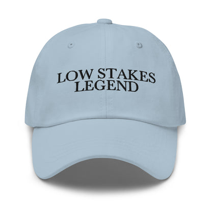 Low Stakes Legend embroidered baseball cap in Light Blue with black embroidery by White Boy Summer