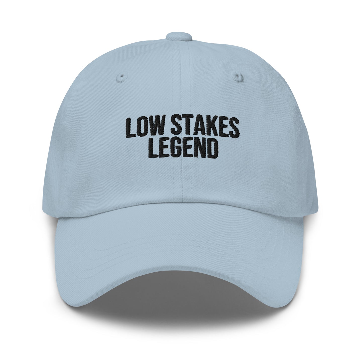 Low Stakes Legend embroidered baseball cap in Light Blue with black embroidery by White Boy Summer
