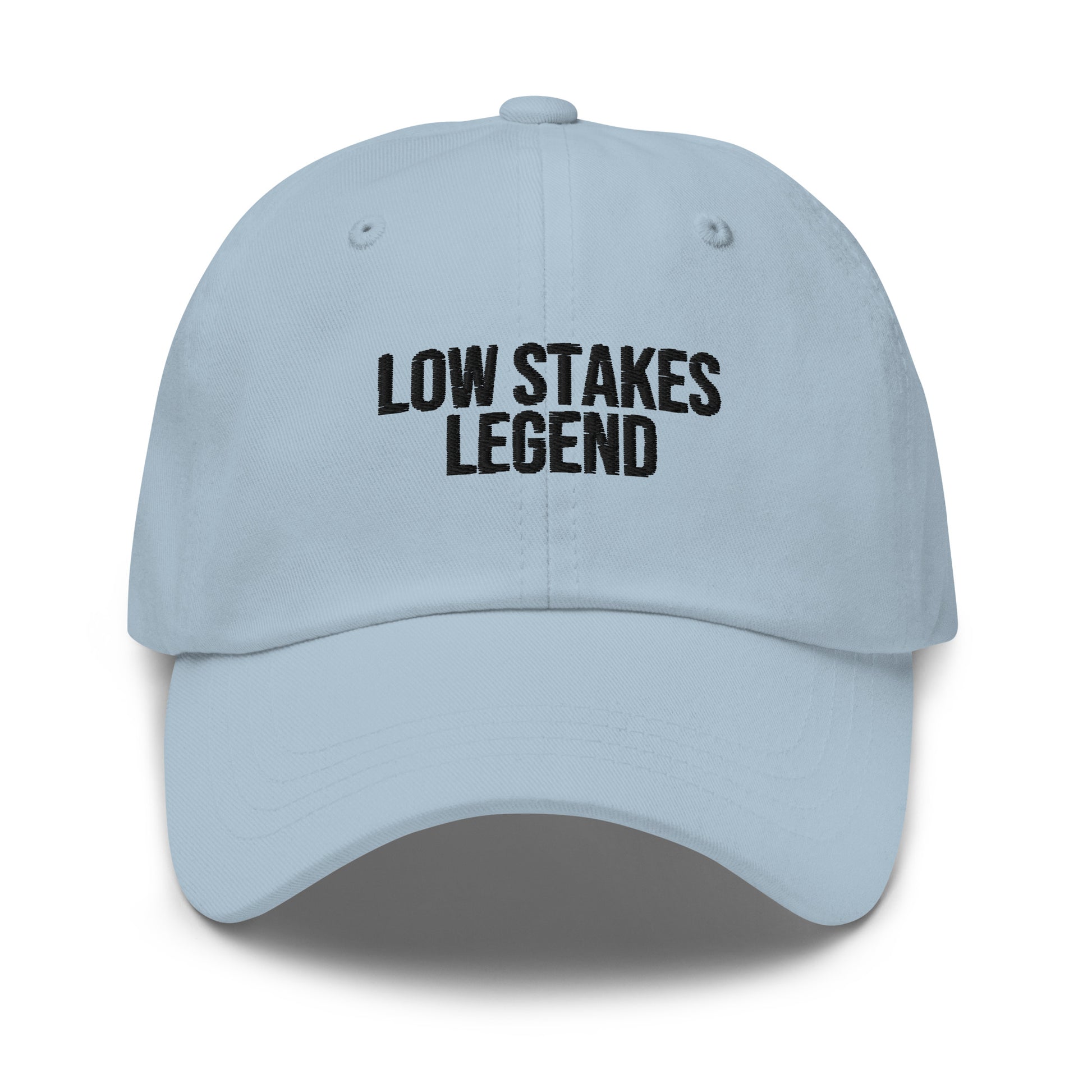 Low Stakes Legend embroidered baseball cap in Light Blue with black embroidery by White Boy Summer
