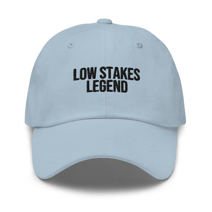 Low Stakes Legend embroidered baseball cap in Light Blue with black embroidery by White Boy Summer