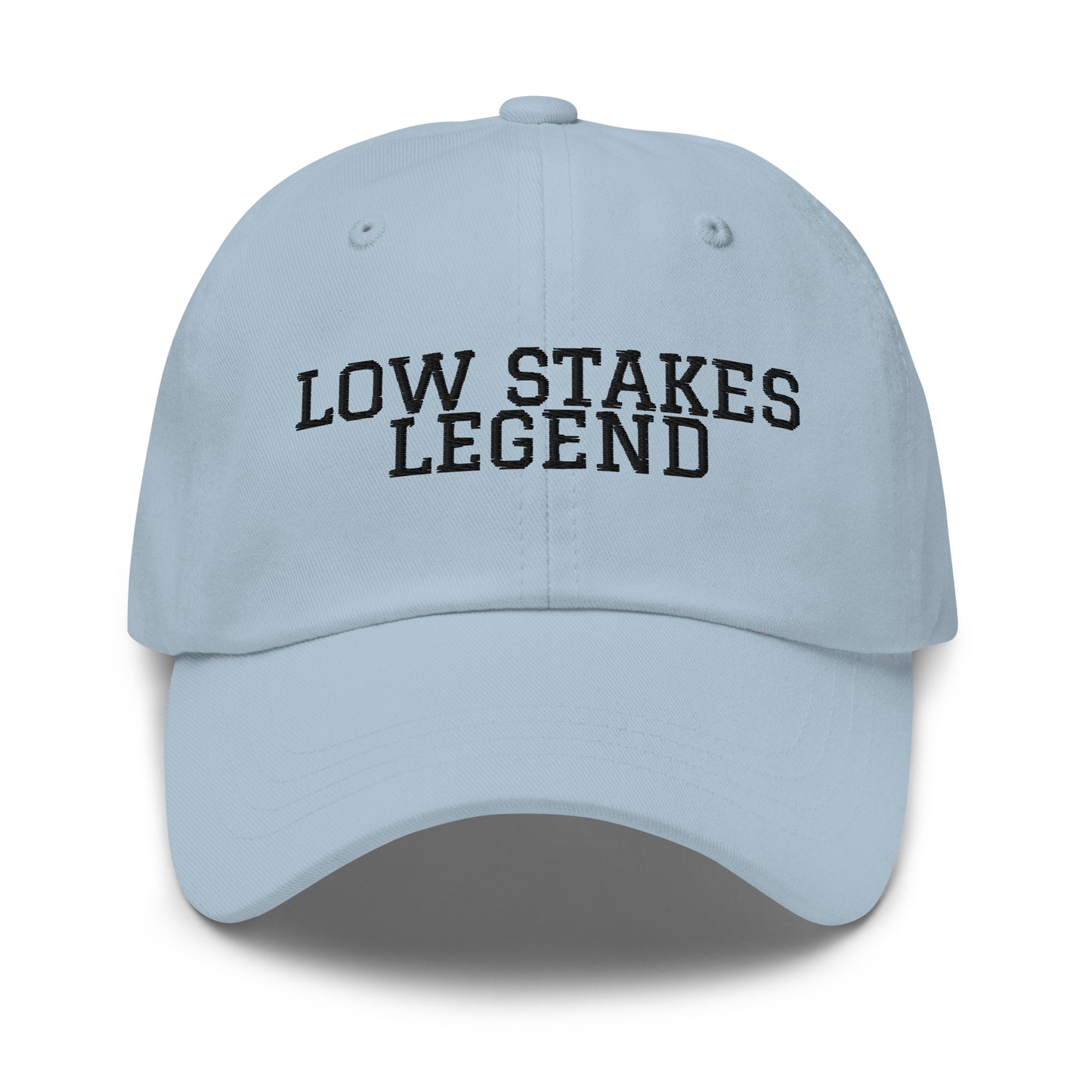 Low Stakes Legend embroidered baseball cap in Light Blue with black embroidery by White Boy Summer