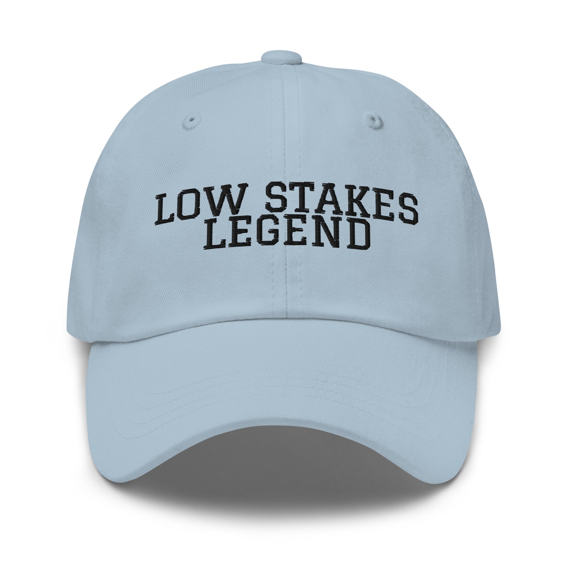 Low Stakes Legend embroidered baseball cap in Light Blue with black embroidery by White Boy Summer