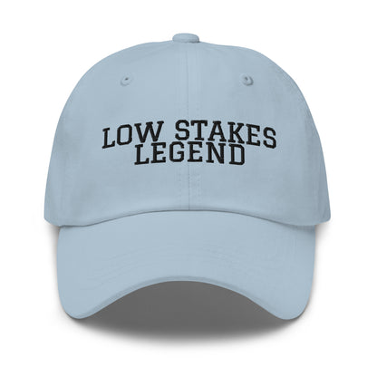 Low Stakes Legend embroidered baseball cap in Light Blue with black embroidery by White Boy Summer