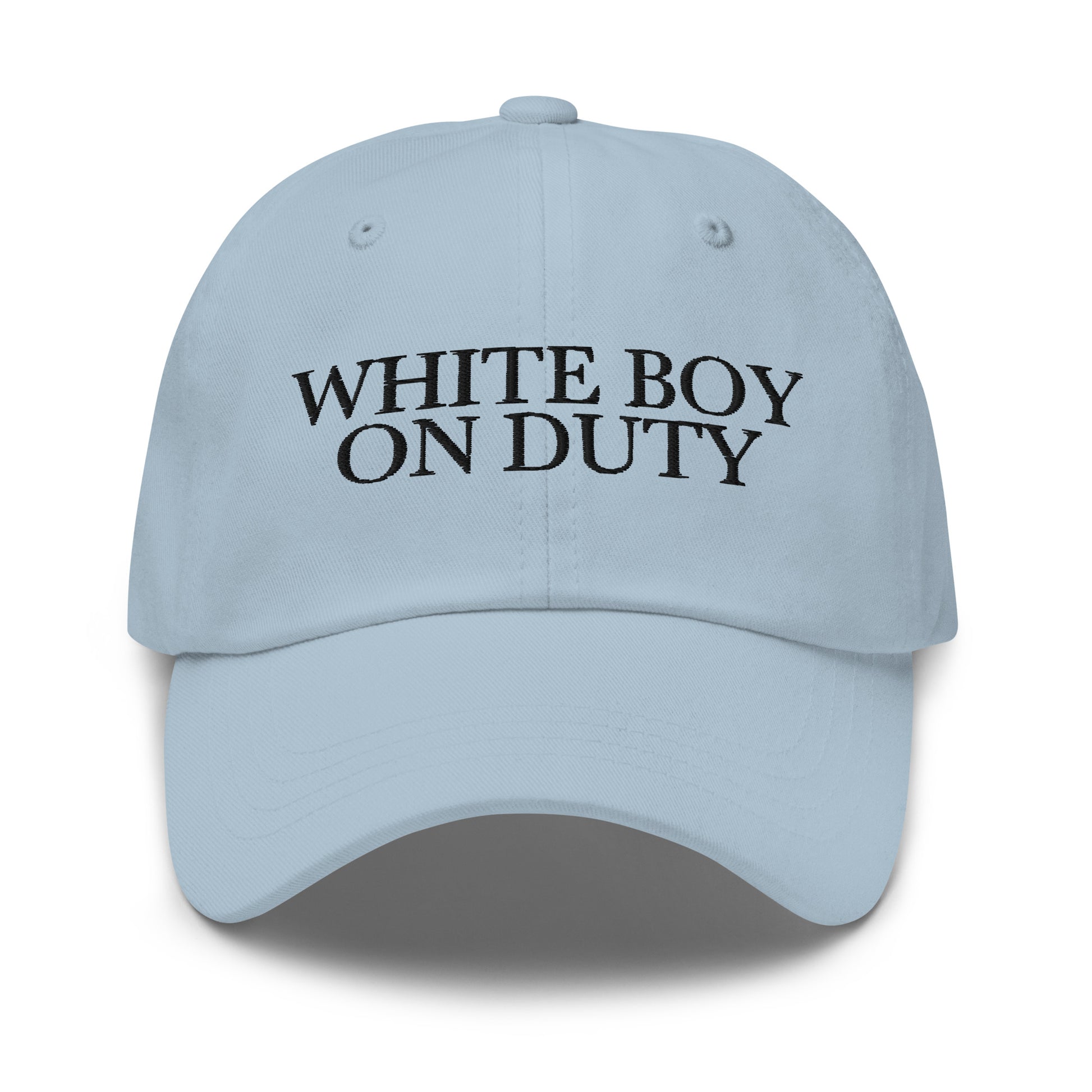 White Boy On Duty embroidered baseball cap in Light Blue with black embroidery by White Boy Summer