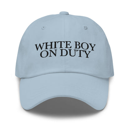 White Boy On Duty embroidered baseball cap in Light Blue with black embroidery by White Boy Summer