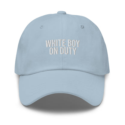 White Boy On Duty embroidered baseball cap in Light Blue with white embroidery by White Boy Summer