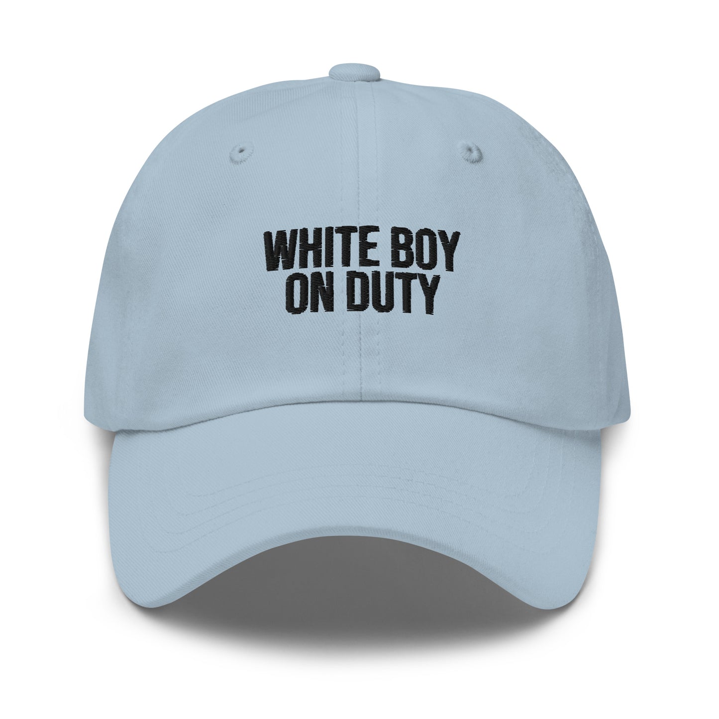 White Boy On Duty embroidered baseball cap in Light Blue with black embroidery by White Boy Summer