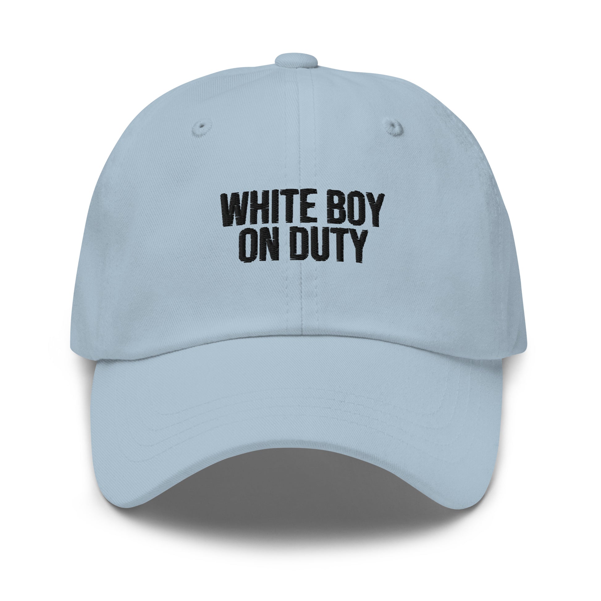 White Boy On Duty embroidered baseball cap in Light Blue with black embroidery by White Boy Summer