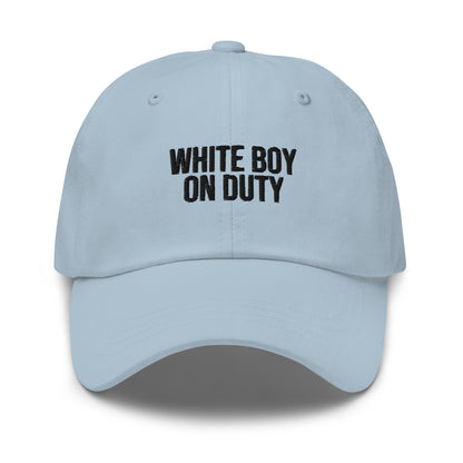 White Boy On Duty embroidered baseball cap in Light Blue with black embroidery by White Boy Summer