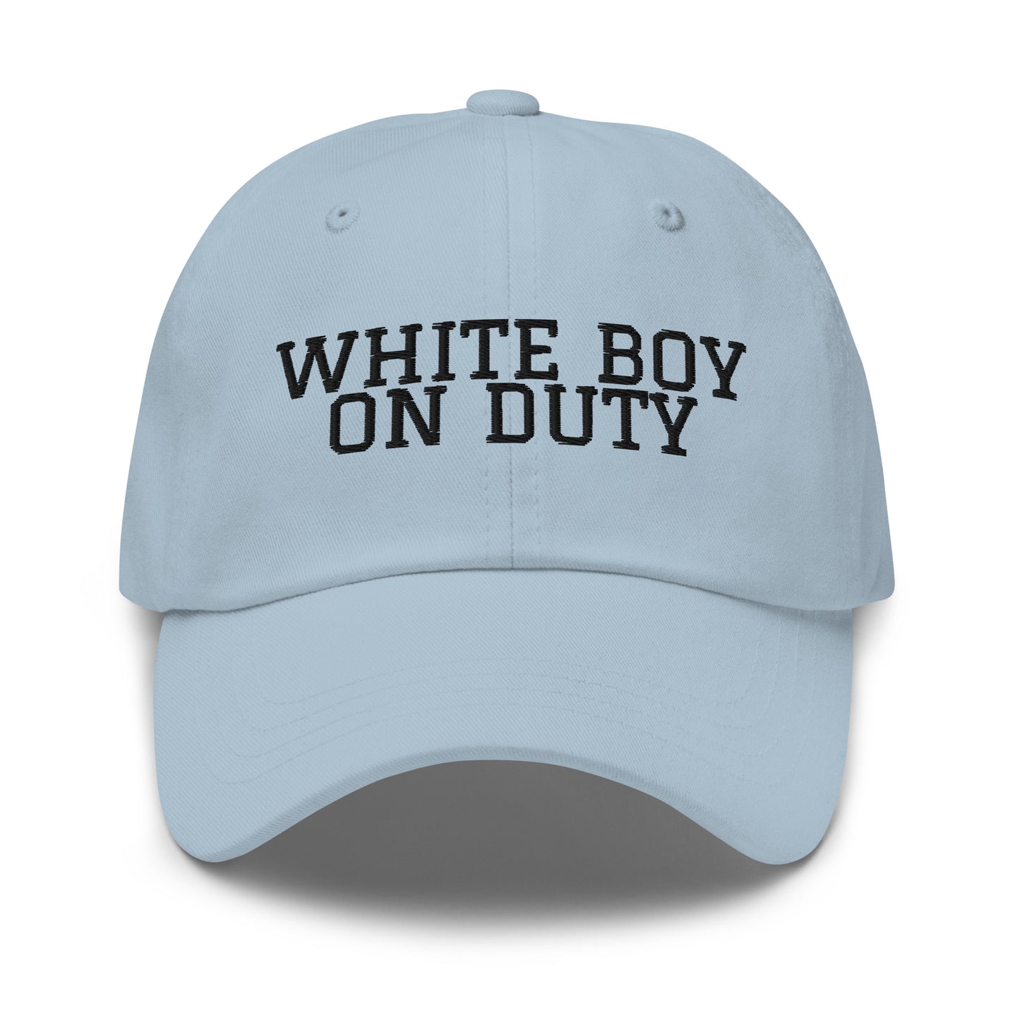 White Boy On Duty embroidered baseball cap in Light Blue with black embroidery by White Boy Summer