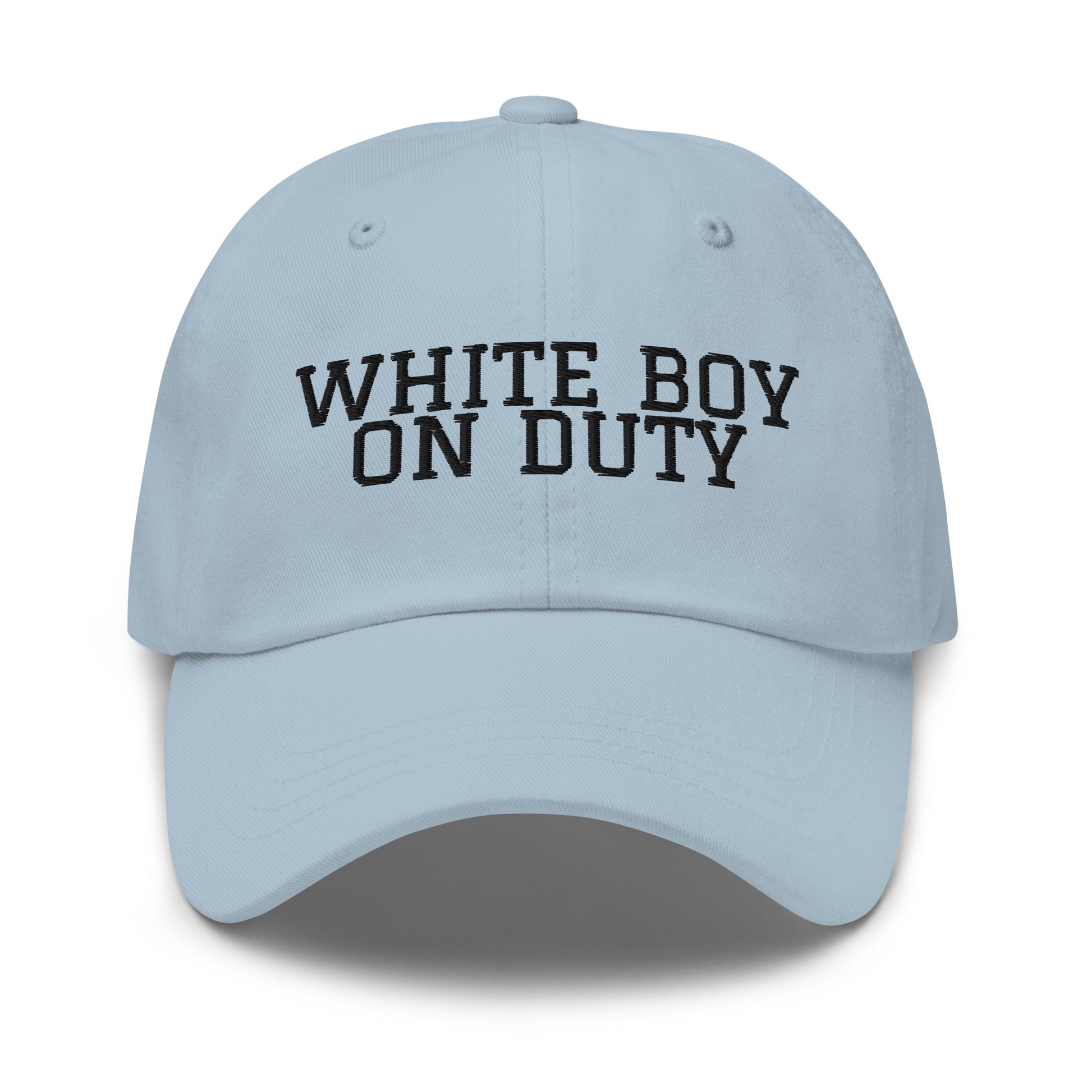 White Boy On Duty embroidered baseball cap in Light Blue with black embroidery by White Boy Summer
