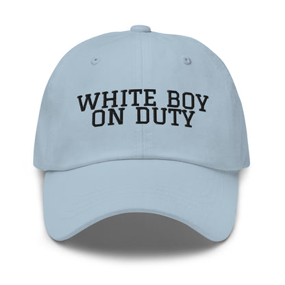 White Boy On Duty embroidered baseball cap in Light Blue with black embroidery by White Boy Summer