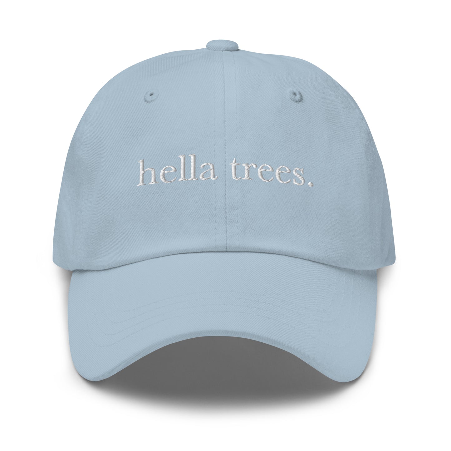 Hella Trees embroidered baseball cap in Light Blue with white embroidery by White Boy Summer