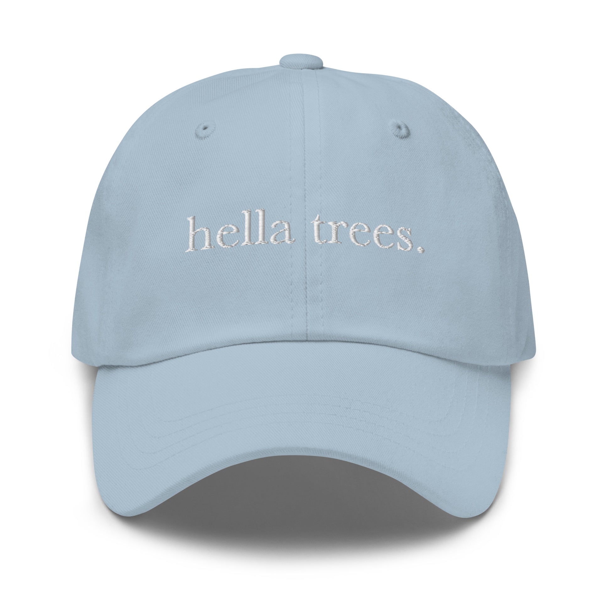 Hella Trees embroidered baseball cap in Light Blue with white embroidery by White Boy Summer