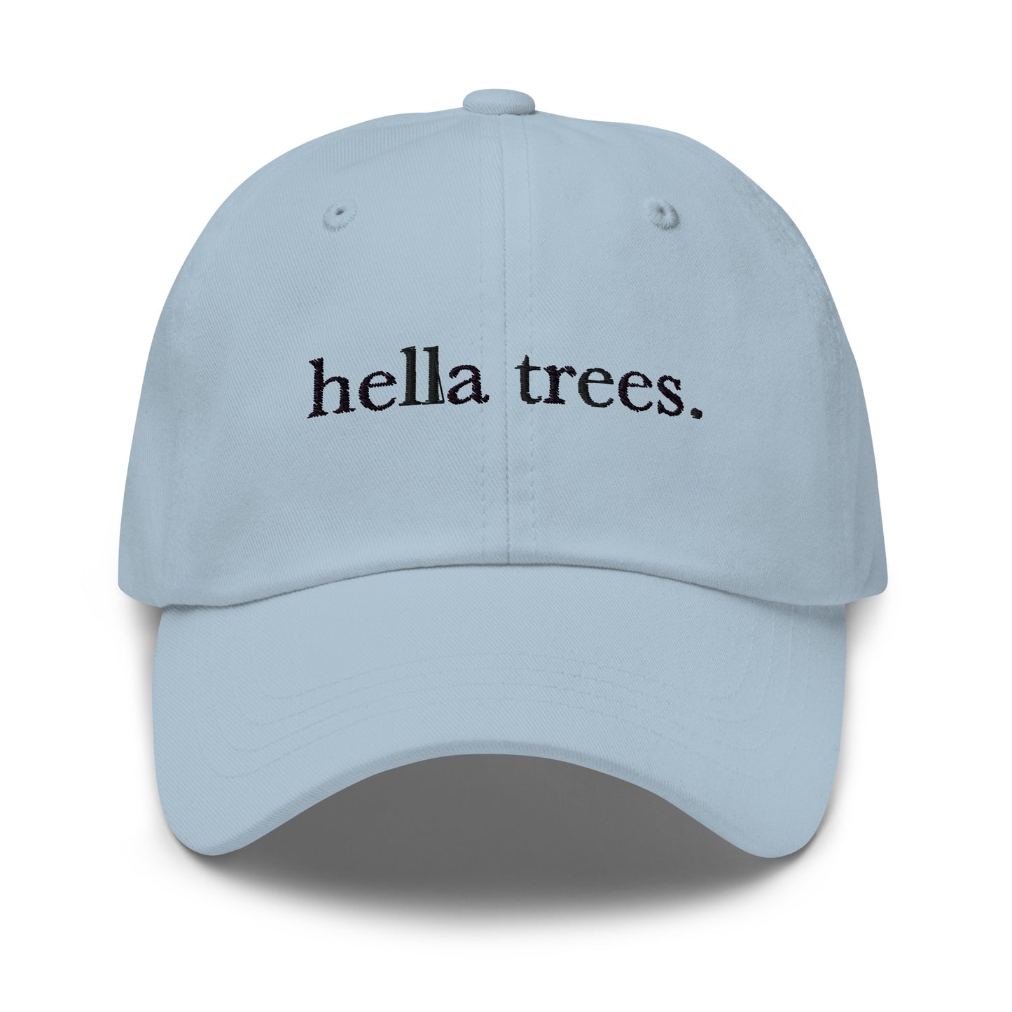 Hella Trees embroidered baseball cap in Light Blue with black embroidery by White Boy Summer