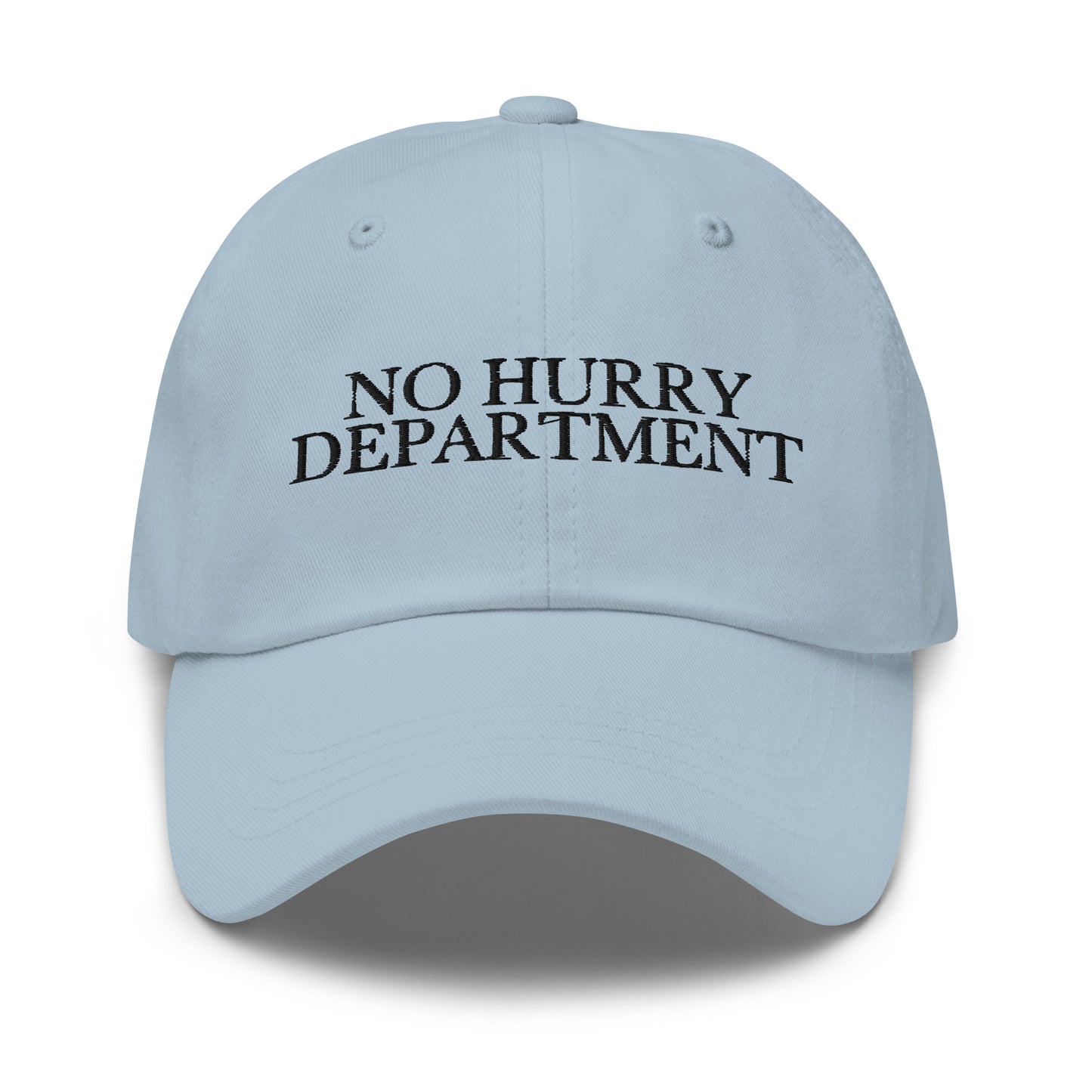 No Hurry Department embroidered baseball cap in Light Blue with black embroidery by White Boy Summer