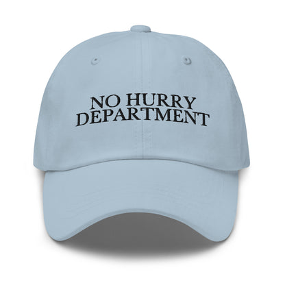 No Hurry Department embroidered baseball cap in Light Blue with black embroidery by White Boy Summer
