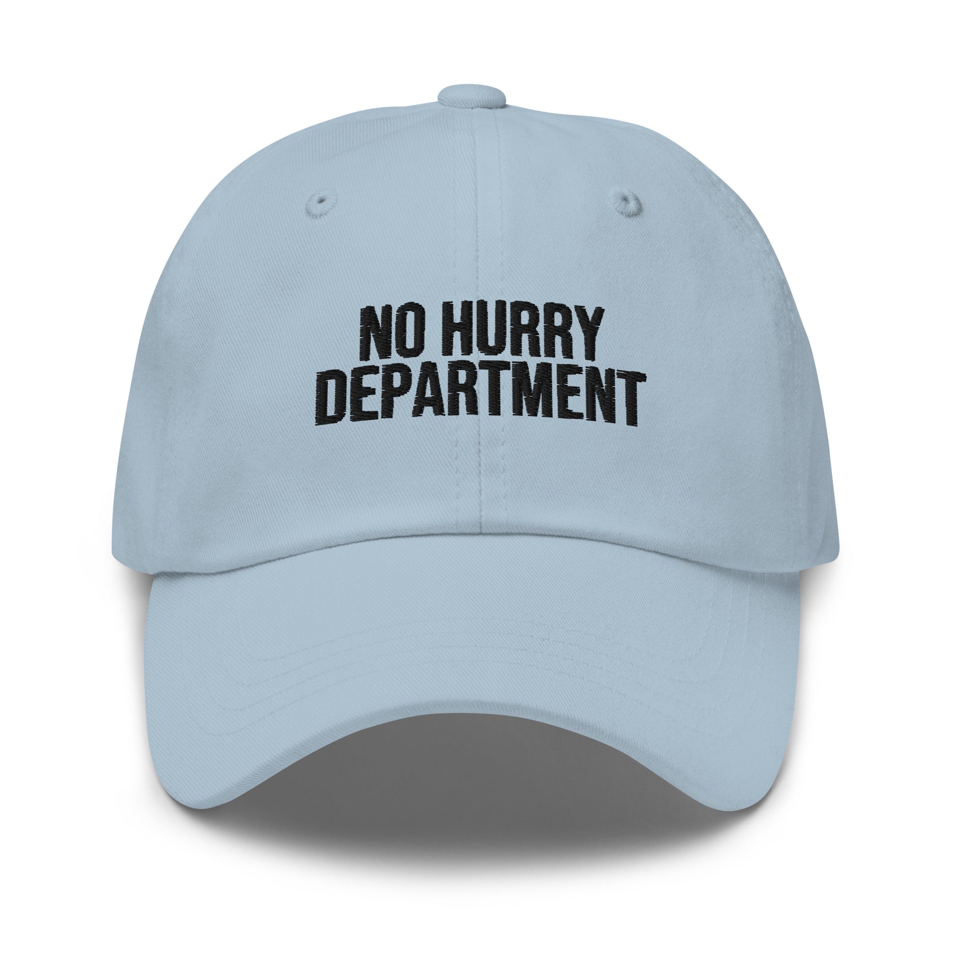 No Hurry Department embroidered baseball cap in Light Blue with black embroidery by White Boy Summer