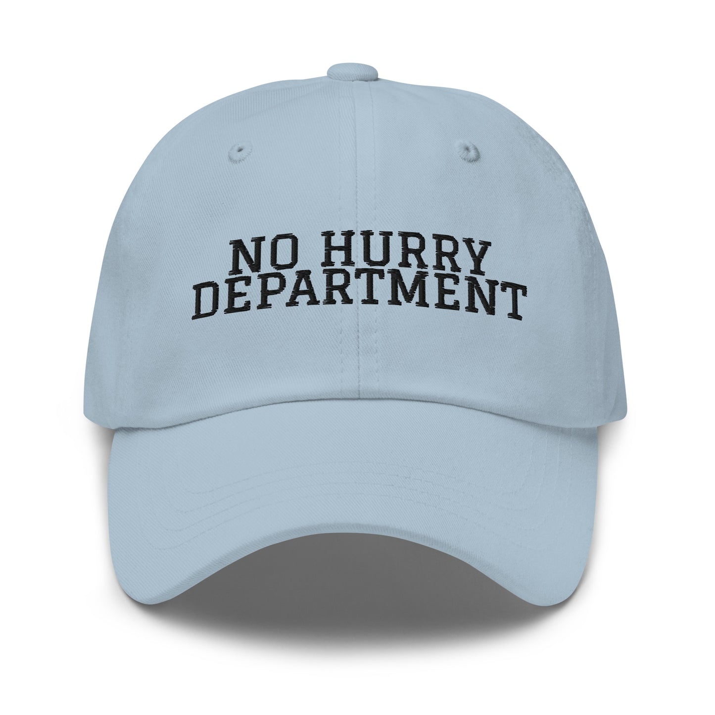 No Hurry Department embroidered baseball cap in Light Blue with black embroidery by White Boy Summer