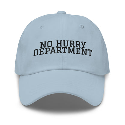 No Hurry Department embroidered baseball cap in Light Blue with black embroidery by White Boy Summer