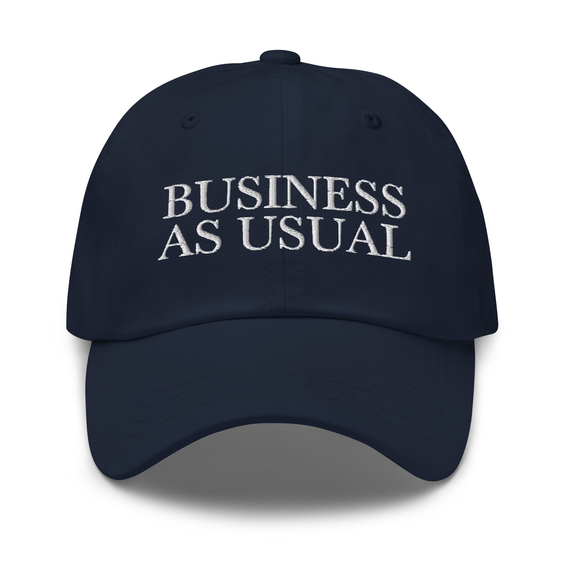 BUSINESS AS USUAL Navy front cap mockup
