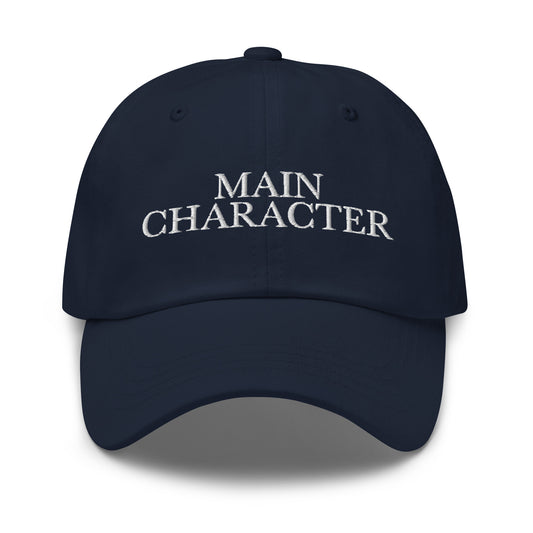 Main Character embroidered baseball cap in Navy with white embroidery by White Boy Summer