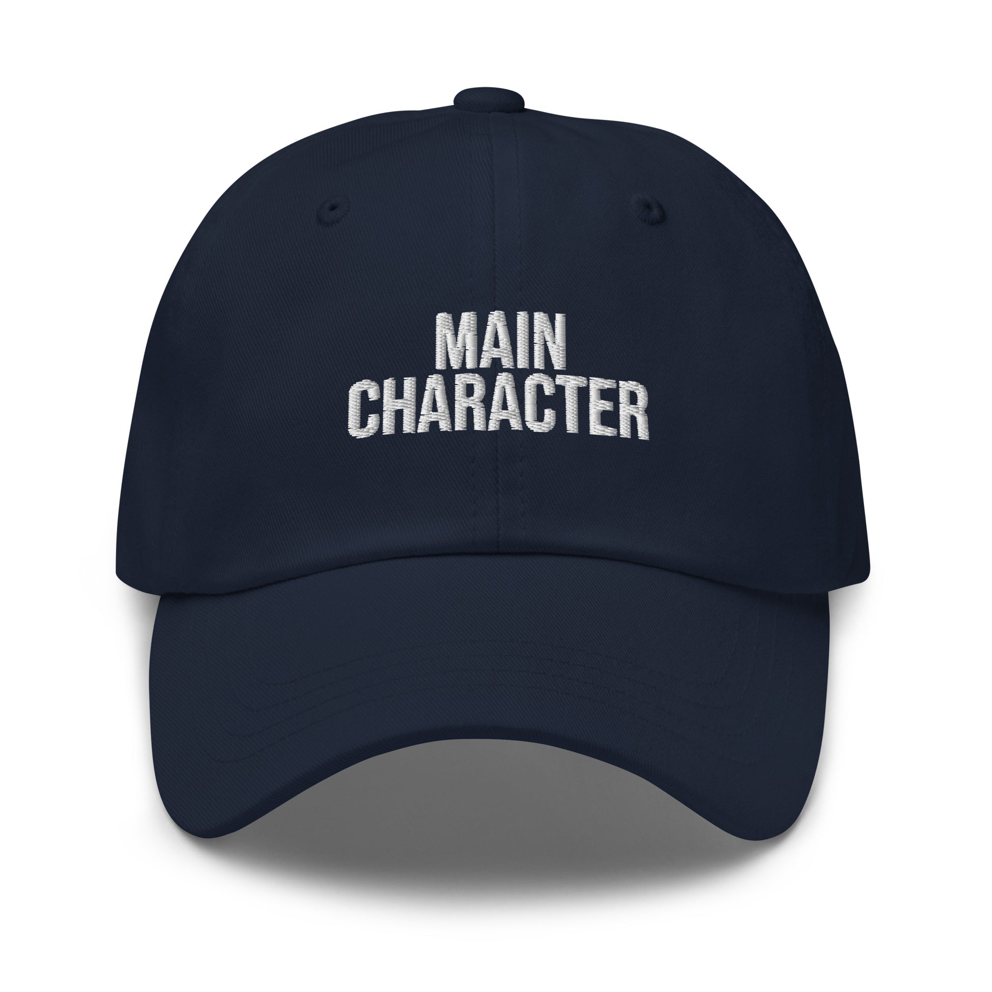 Main Character embroidered baseball cap in Navy with white embroidery by White Boy Summer