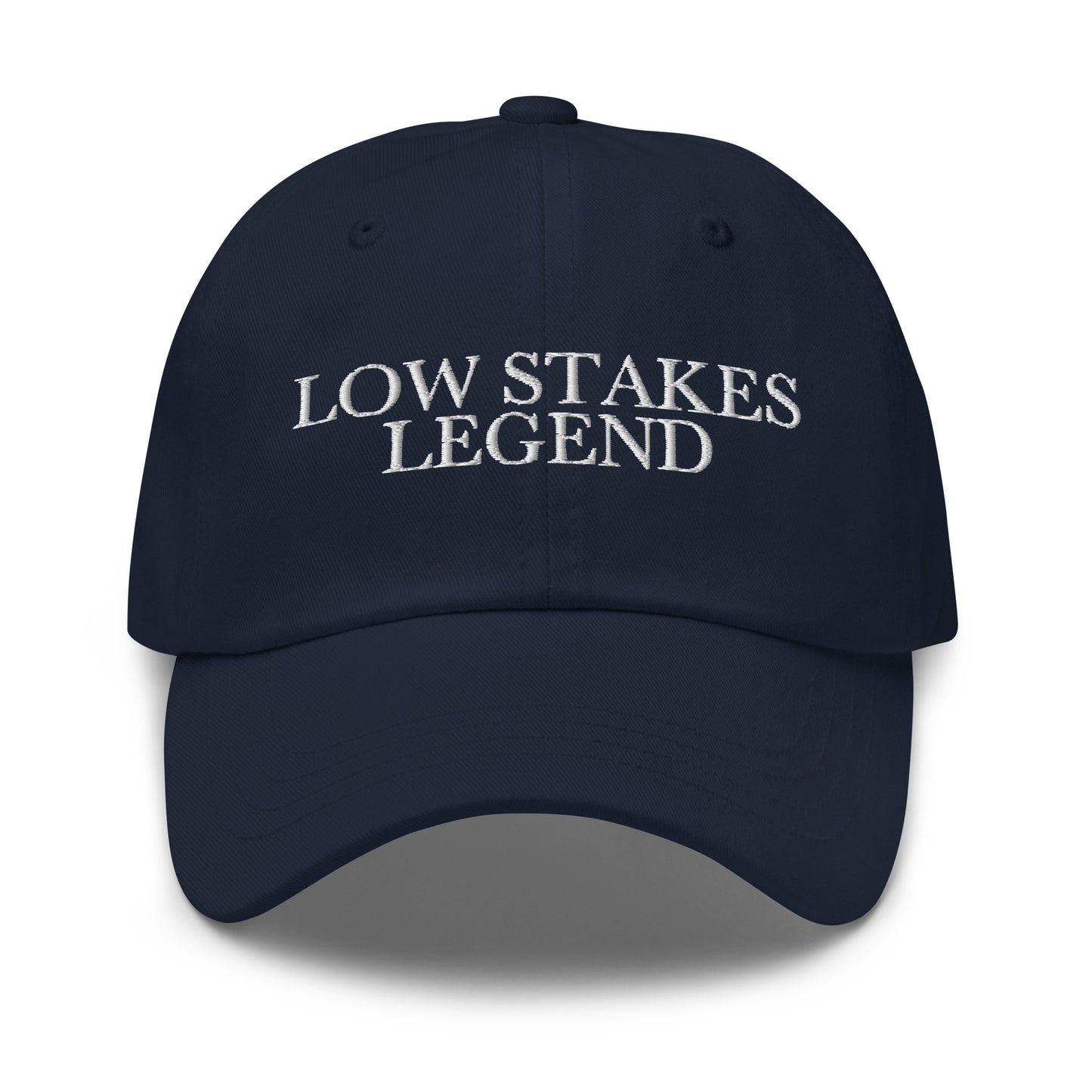 Low Stakes Legend embroidered baseball cap in Navy with white embroidery by White Boy Summer