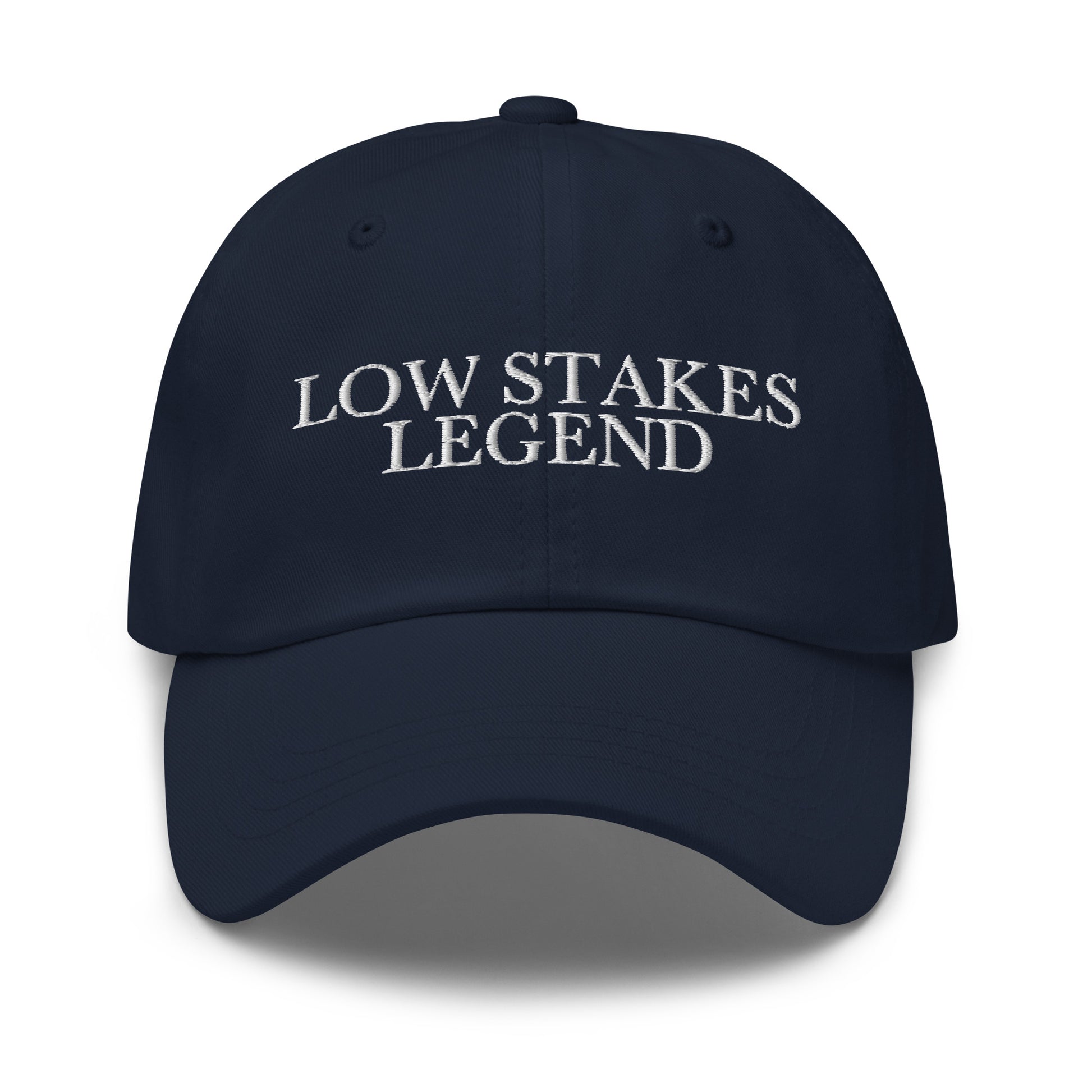 Low Stakes Legend embroidered baseball cap in Navy with white embroidery by White Boy Summer