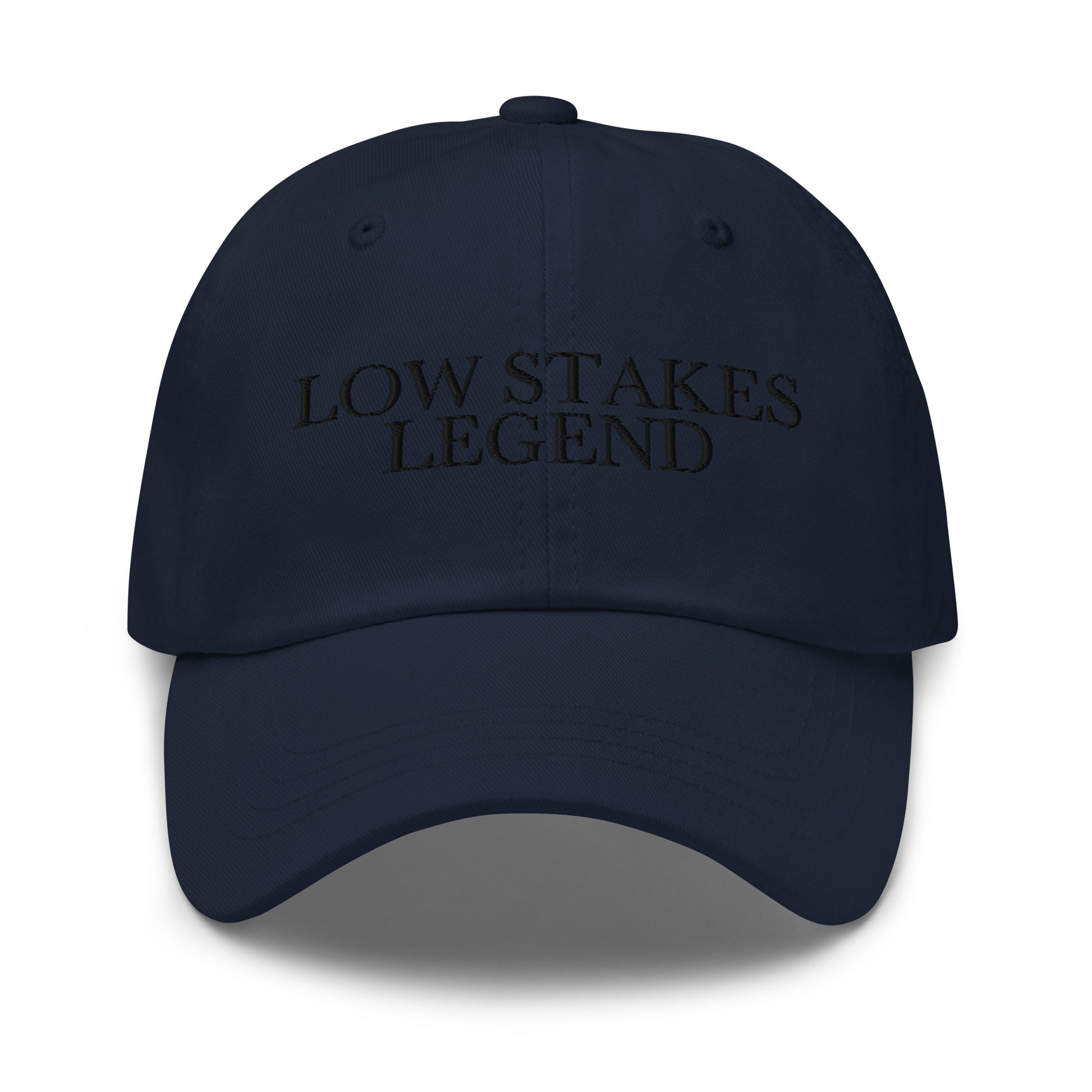Low Stakes Legend embroidered baseball cap in Navy with black embroidery by White Boy Summer