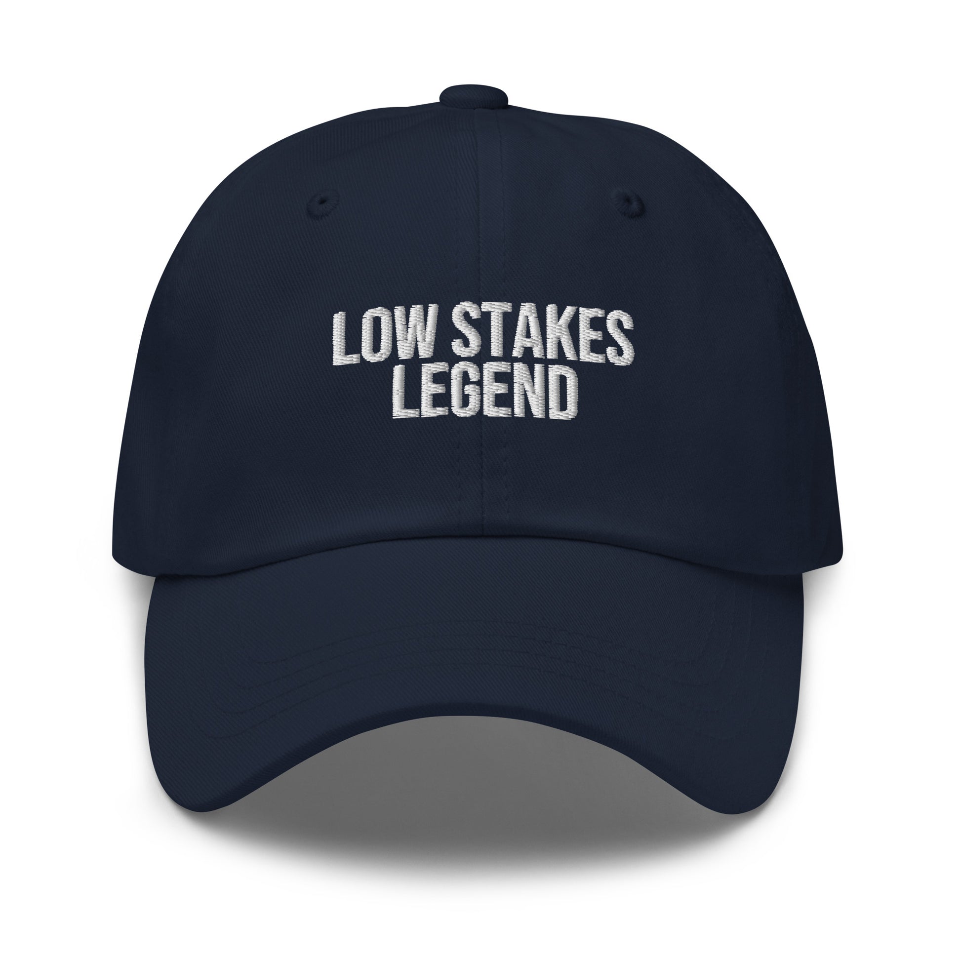 Low Stakes Legend embroidered baseball cap in Navy with white embroidery by White Boy Summer