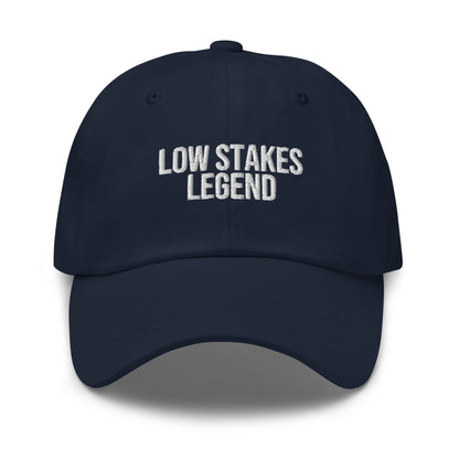 Low Stakes Legend embroidered baseball cap in Navy with white embroidery by White Boy Summer