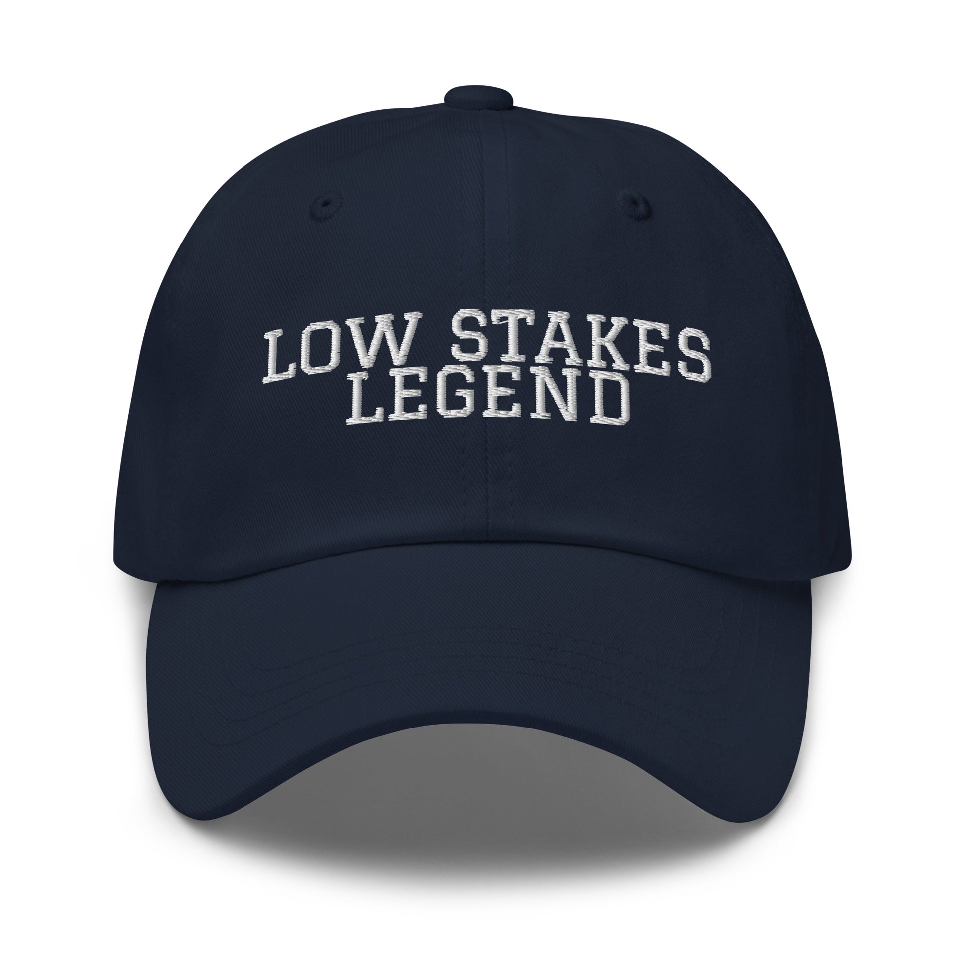 Low Stakes Legend embroidered baseball cap in Navy with white embroidery by White Boy Summer