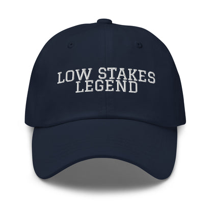 Low Stakes Legend embroidered baseball cap in Navy with white embroidery by White Boy Summer