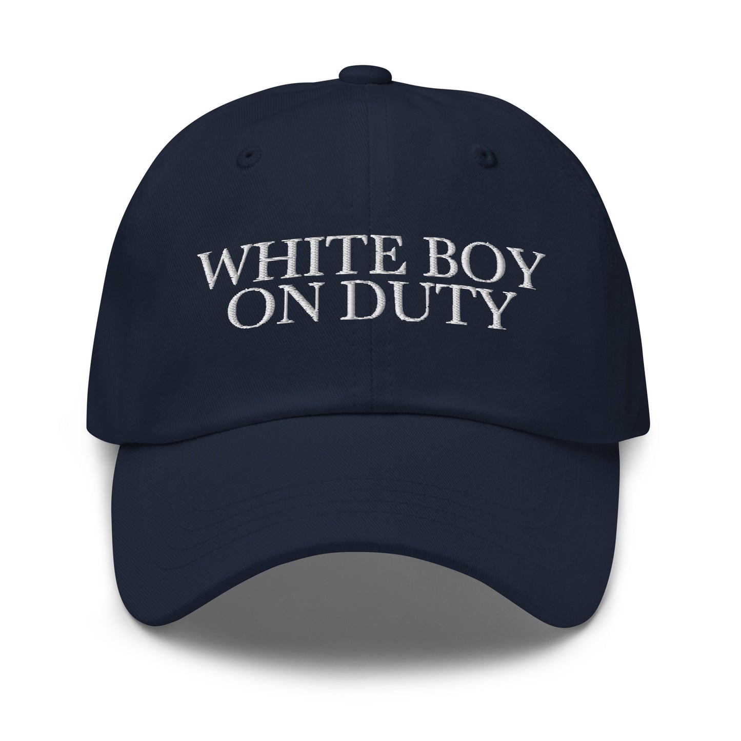 White Boy On Duty embroidered baseball cap in Navy with white embroidery by White Boy Summer
