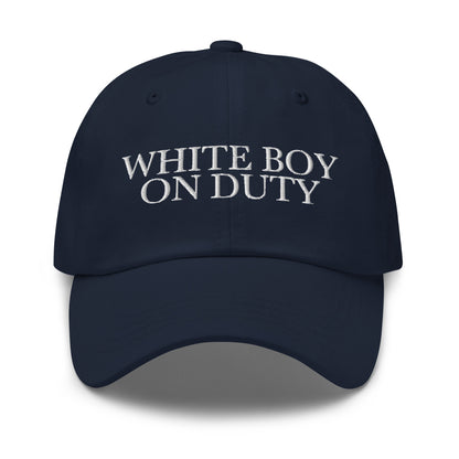 White Boy On Duty embroidered baseball cap in Navy with white embroidery by White Boy Summer