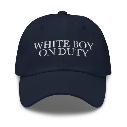 White Boy On Duty embroidered baseball cap in Navy with white embroidery by White Boy Summer