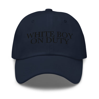 White Boy On Duty embroidered baseball cap in Navy with black embroidery by White Boy Summer