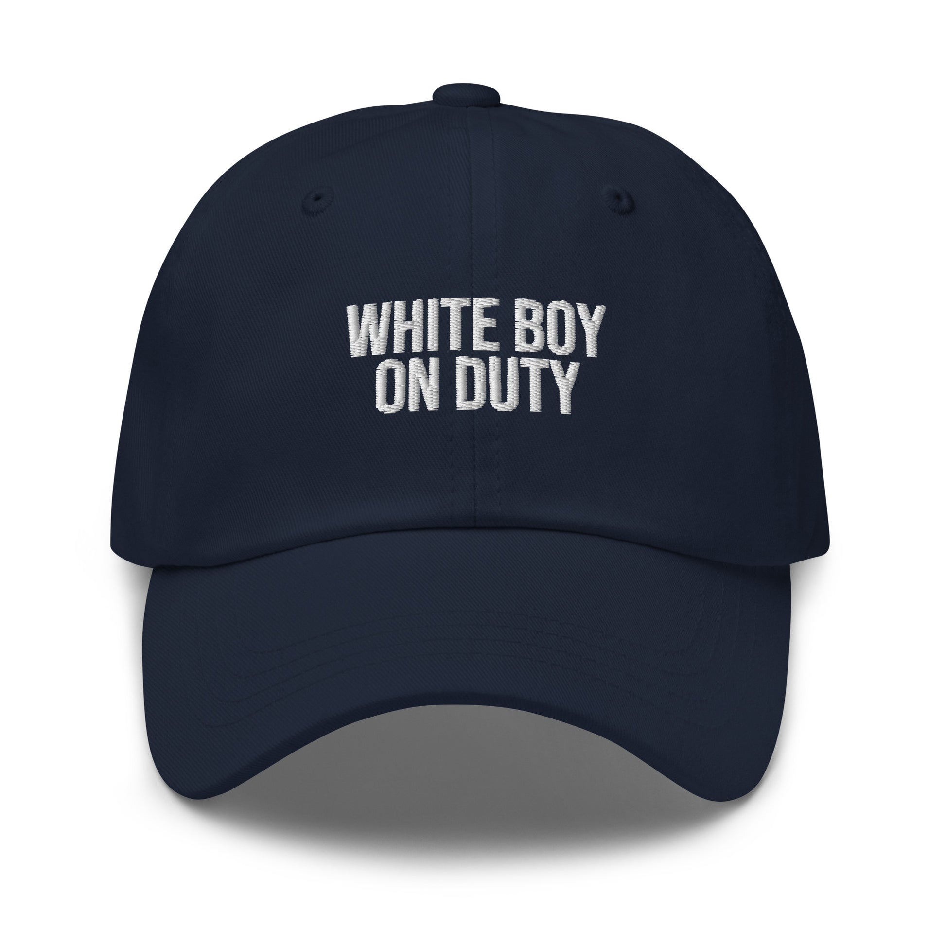 White Boy On Duty embroidered baseball cap in Navy with white embroidery by White Boy Summer