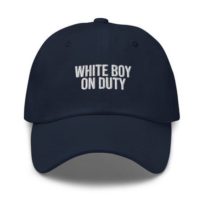 White Boy On Duty embroidered baseball cap in Navy with white embroidery by White Boy Summer