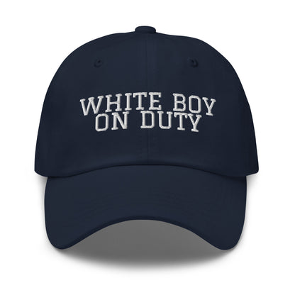 White Boy On Duty embroidered baseball cap in Navy with white embroidery by White Boy Summer