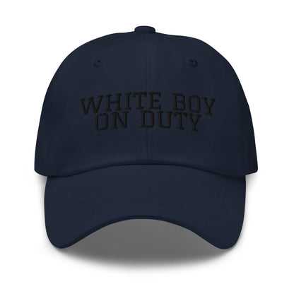 White Boy On Duty embroidered baseball cap in Navy with black embroidery by White Boy Summer