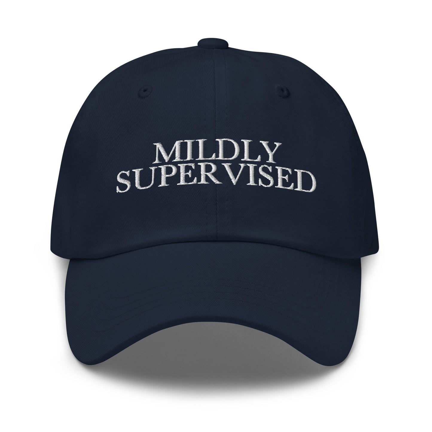 Mildly Supervised embroidered baseball cap in Navy with white embroidery by White Boy Summer