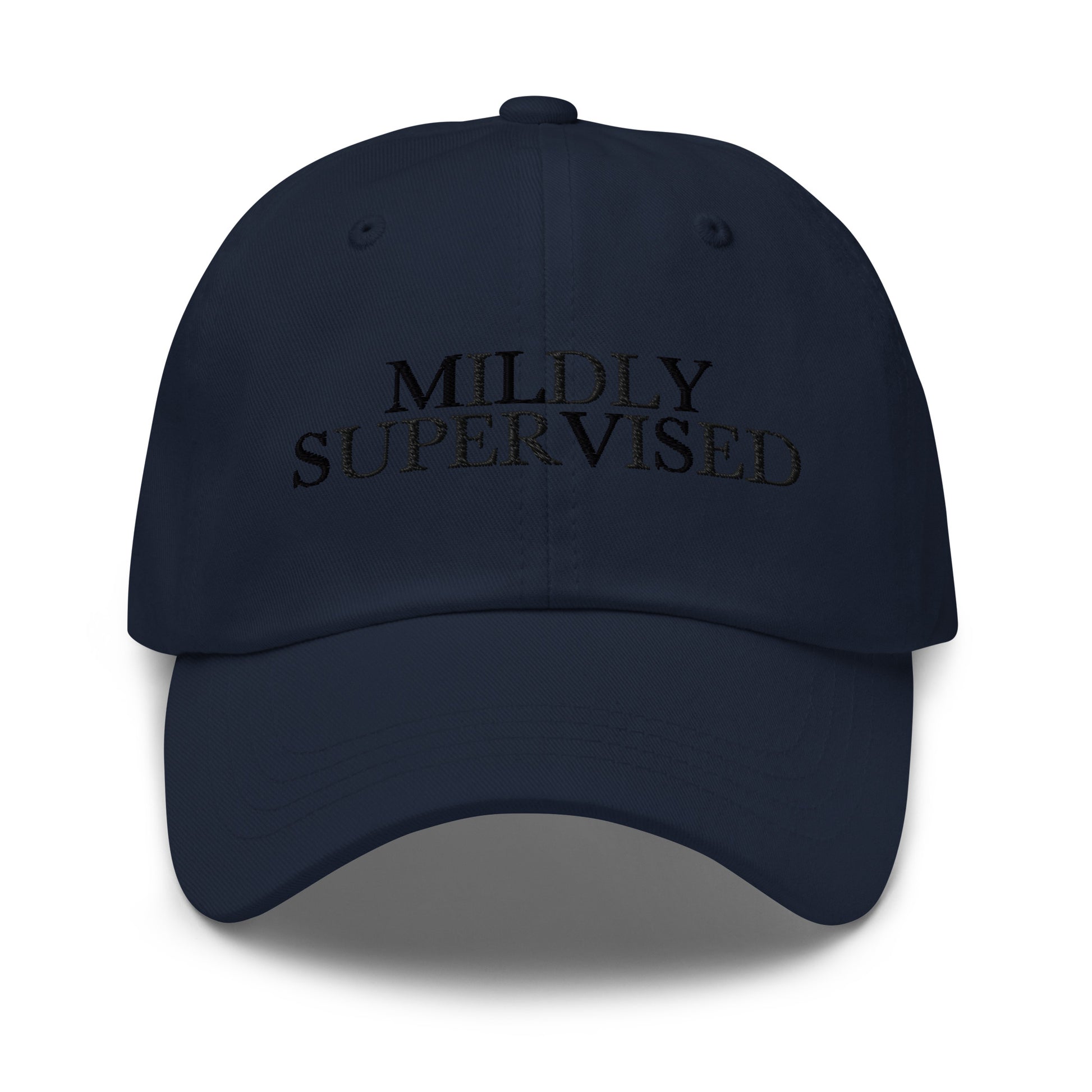 Mildly Supervised embroidered baseball cap in Navy with black embroidery by White Boy Summer