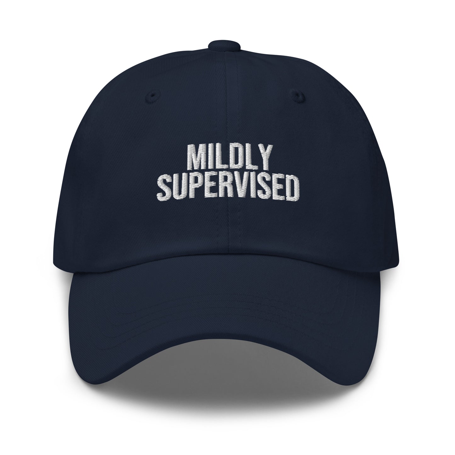 Mildly Supervised embroidered baseball cap in Navy with white embroidery by White Boy Summer