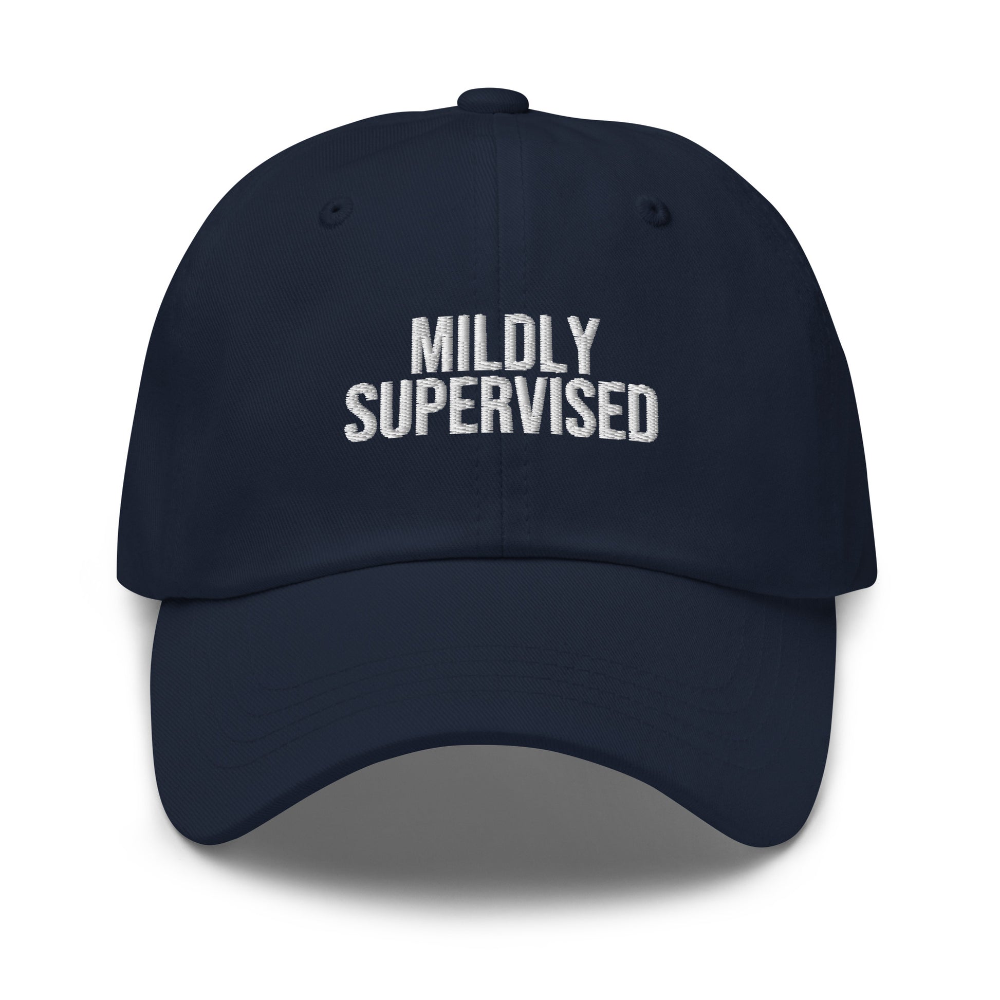 Mildly Supervised embroidered baseball cap in Navy with white embroidery by White Boy Summer