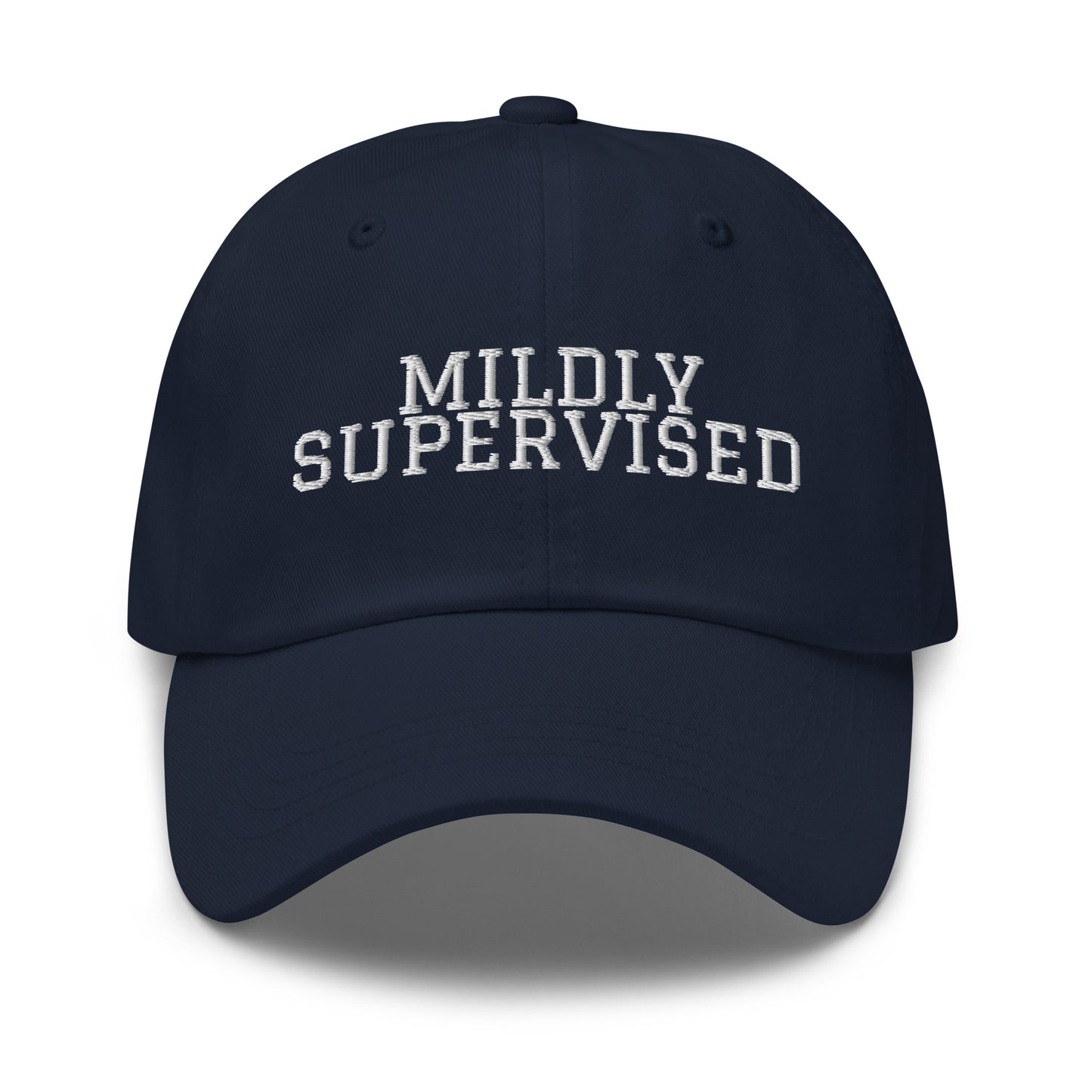 Mildly Supervised embroidered baseball cap in Navy with white embroidery by White Boy Summer