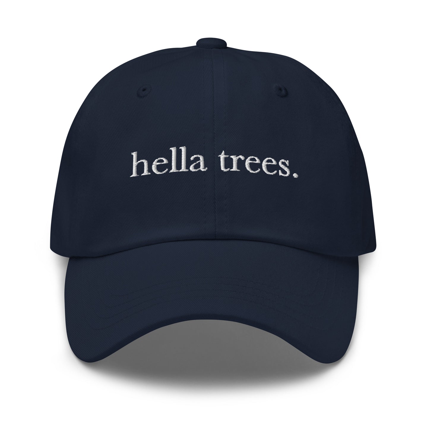 Hella Trees embroidered baseball cap in Navy with white embroidery by White Boy Summer