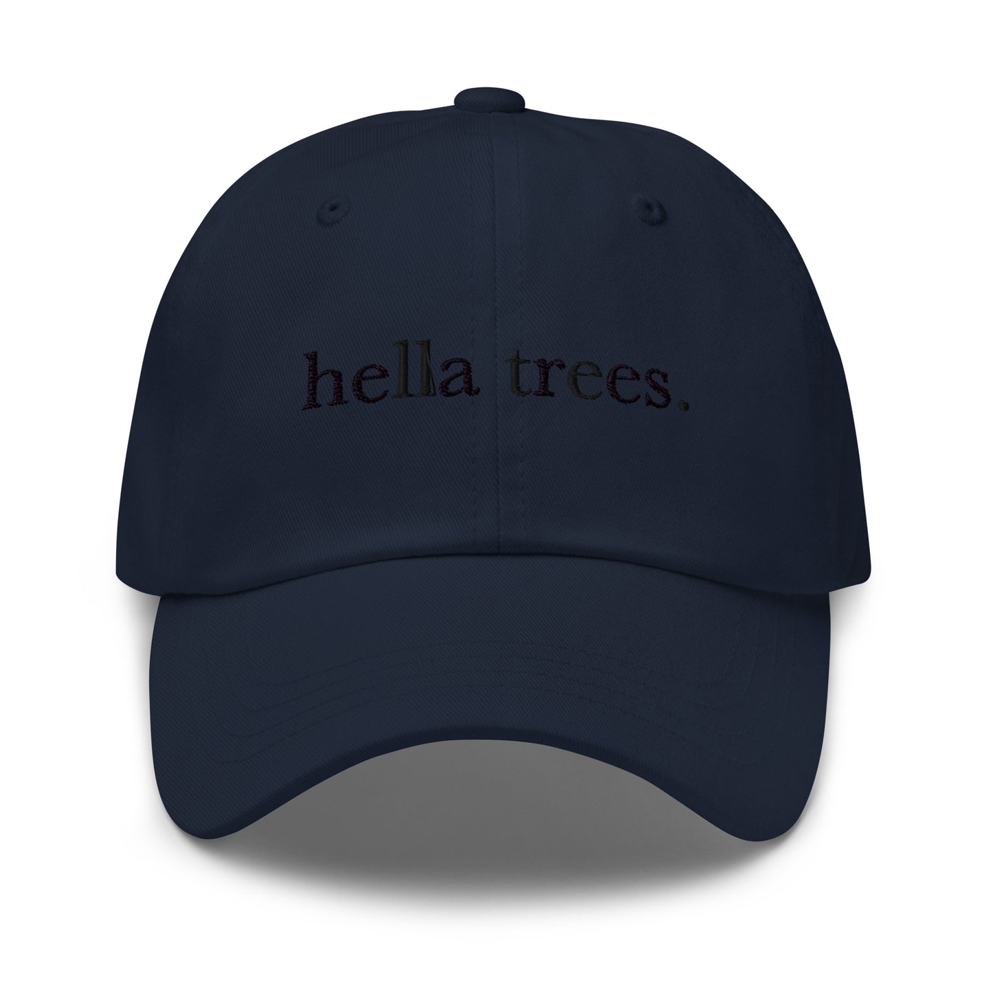 Hella Trees embroidered baseball cap in Navy with black embroidery by White Boy Summer