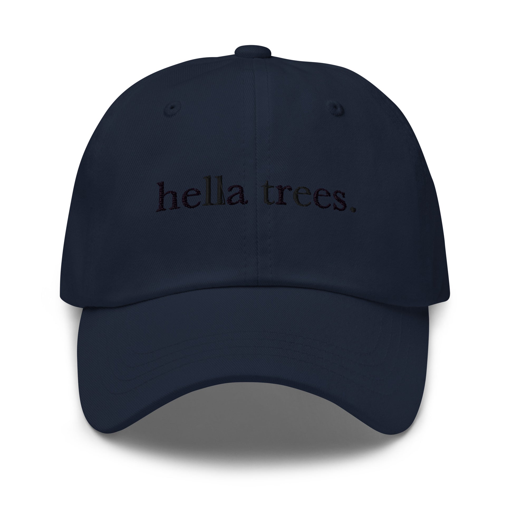 Hella Trees embroidered baseball cap in Navy with black embroidery by White Boy Summer